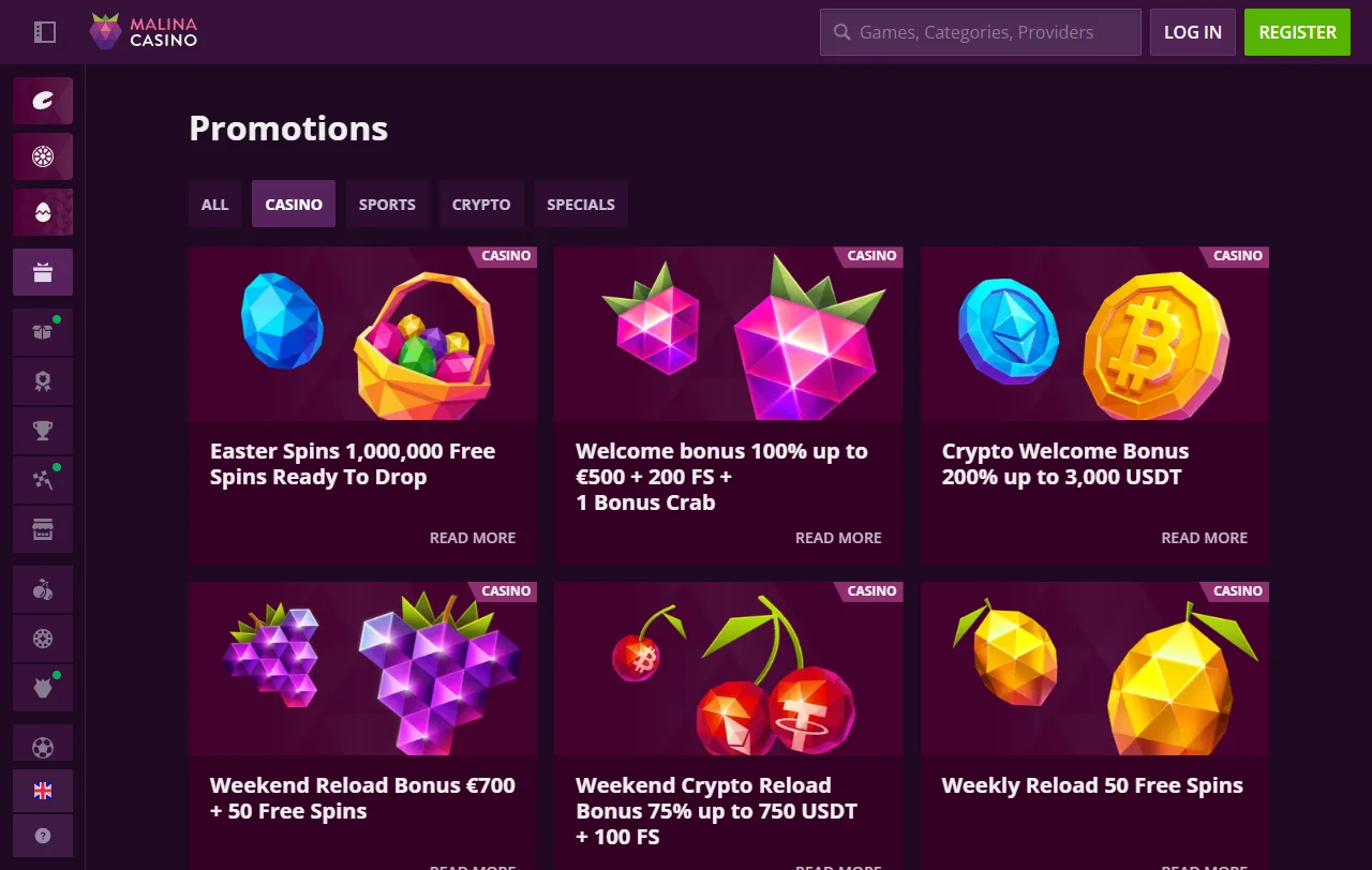 Κατάλογος slots και live casino του Malina Casino με παρόχους Evolution και Pragmatic