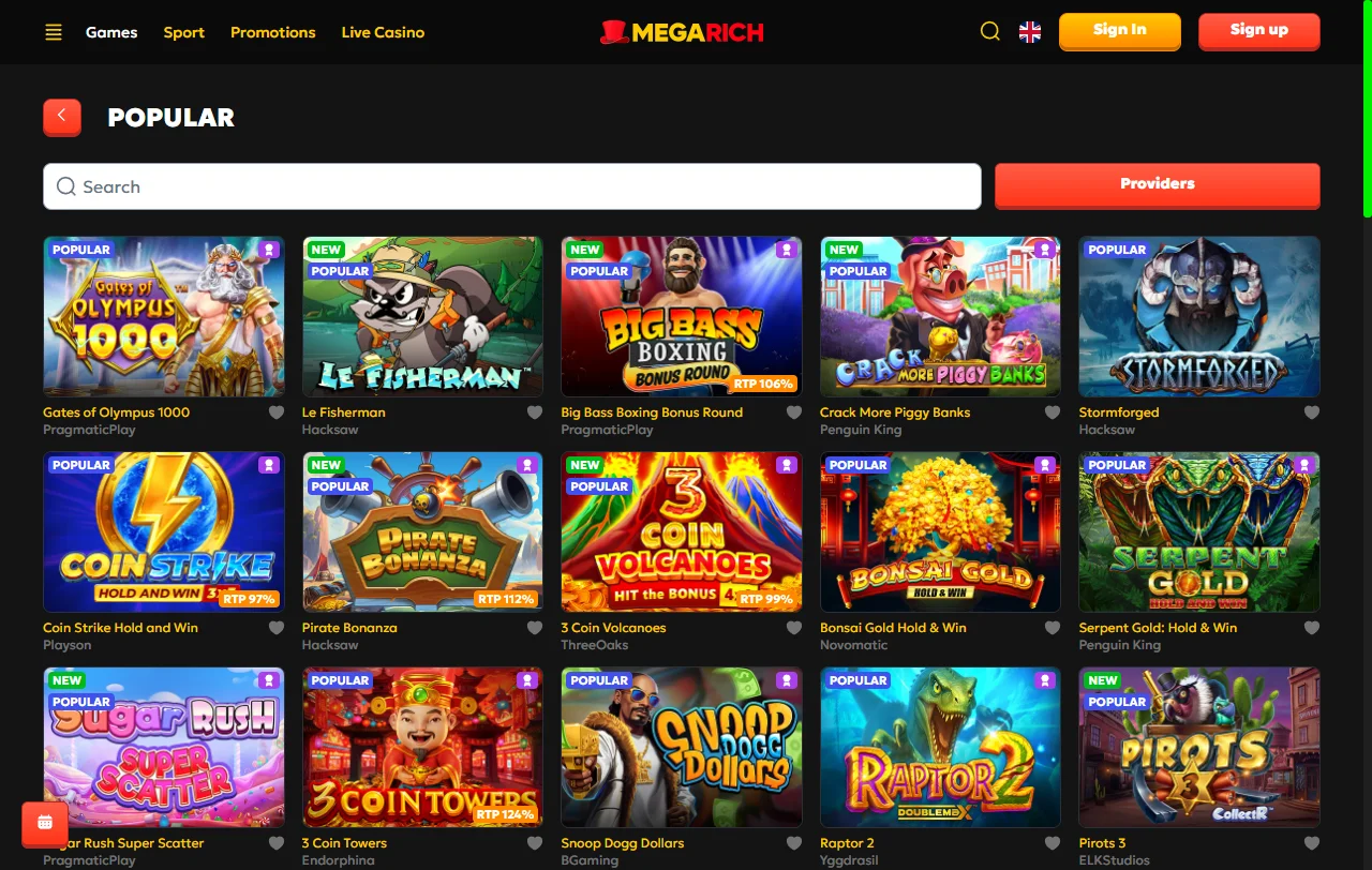 Κατάλογος του Megarich Casino με πάνω από 9.000 παιχνίδια από 71 παρόχους