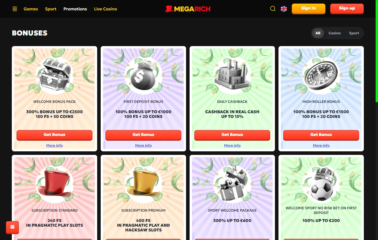 Πακέτο καλωσορίσματος του Megarich Casino έως 2.500 € με 150 free spins