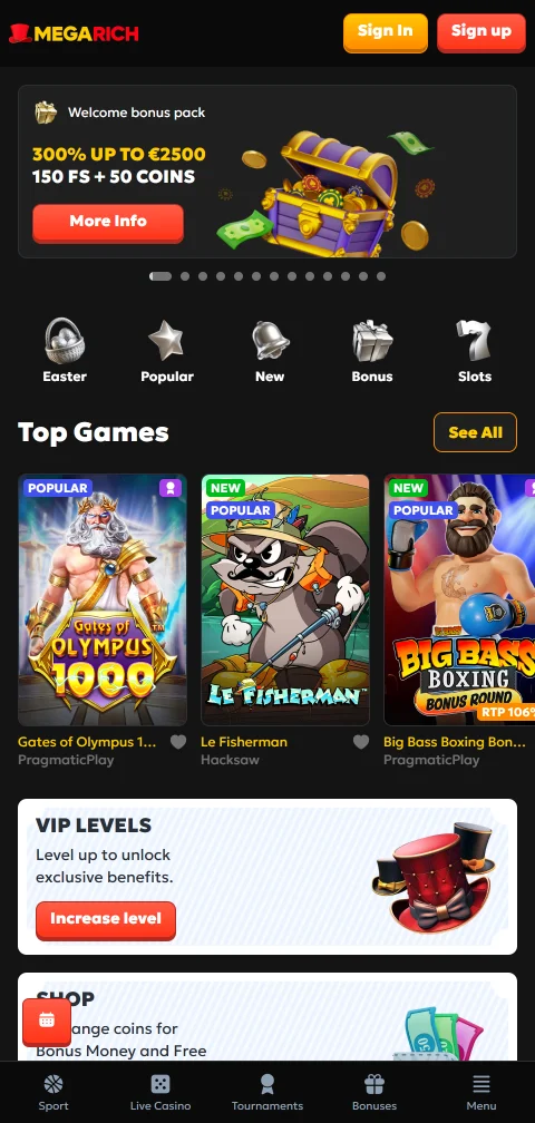 Το Megarich Casino στον browser κινητού χωρίς native εφαρμογή
