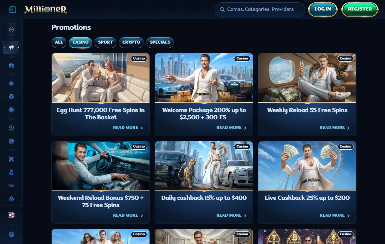 Πακέτο καλωσορίσματος του Millioner casino έως €2.500 με 300 free spins