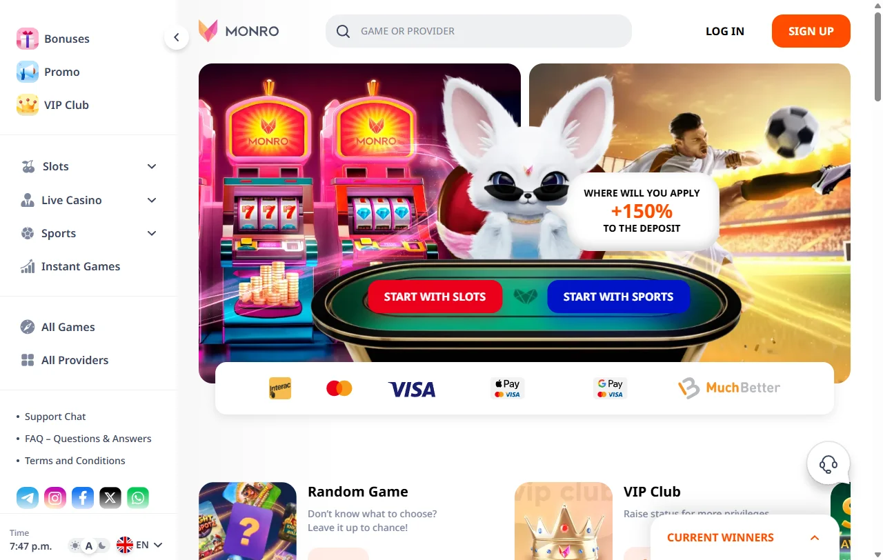 Αρχική σελίδα του Monro Casino με την επισκόπηση των βασικών ενοτήτων