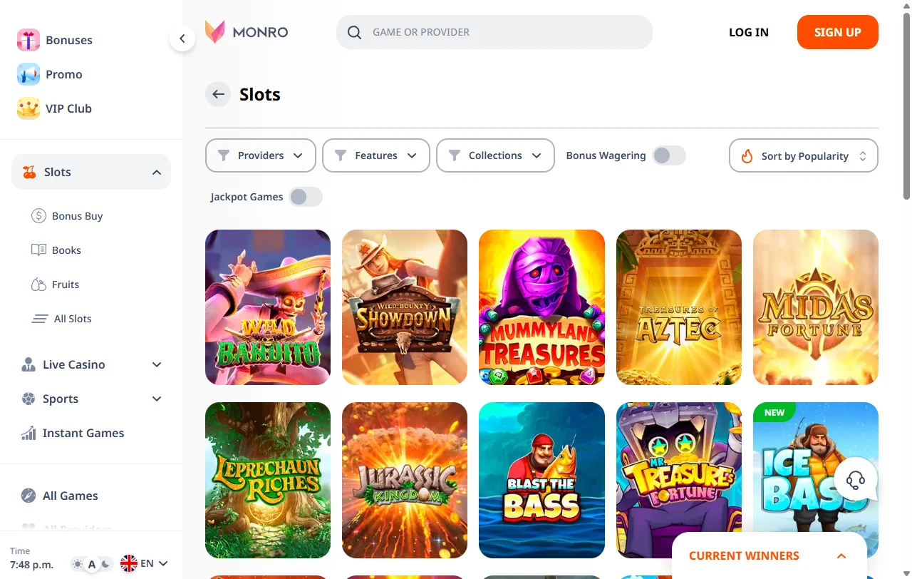 Κατάλογος παιχνιδιών του Monro Casino με slots Pragmatic Play και Hacksaw Gaming