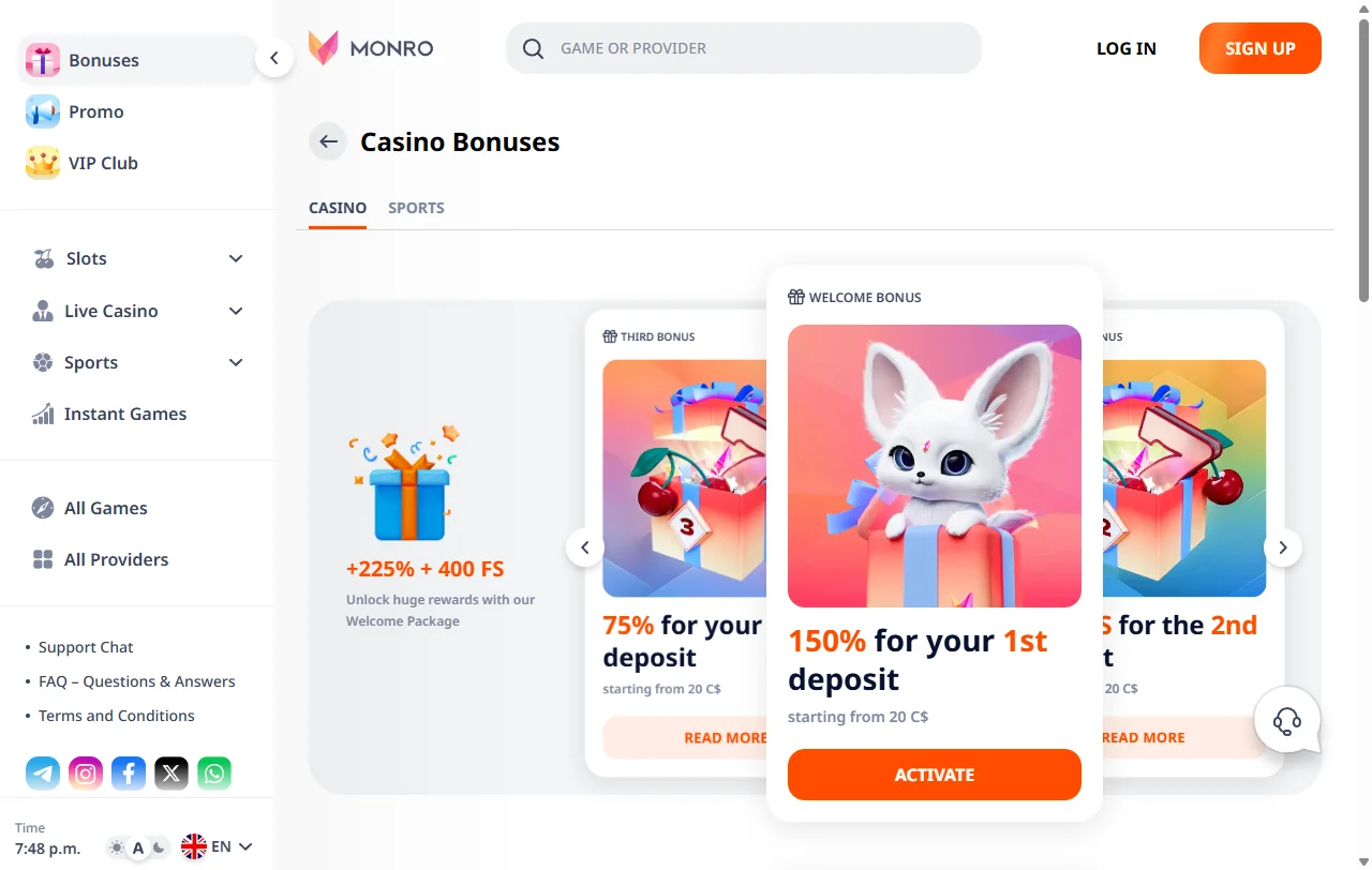 Σελίδα μπόνους του Monro Casino με το πακέτο καλωσορίσματος τριών καταθέσεων