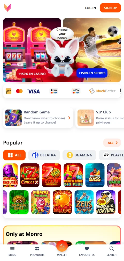 Το Monro Casino στον browser κινητού με κάθετη διάταξη μενού