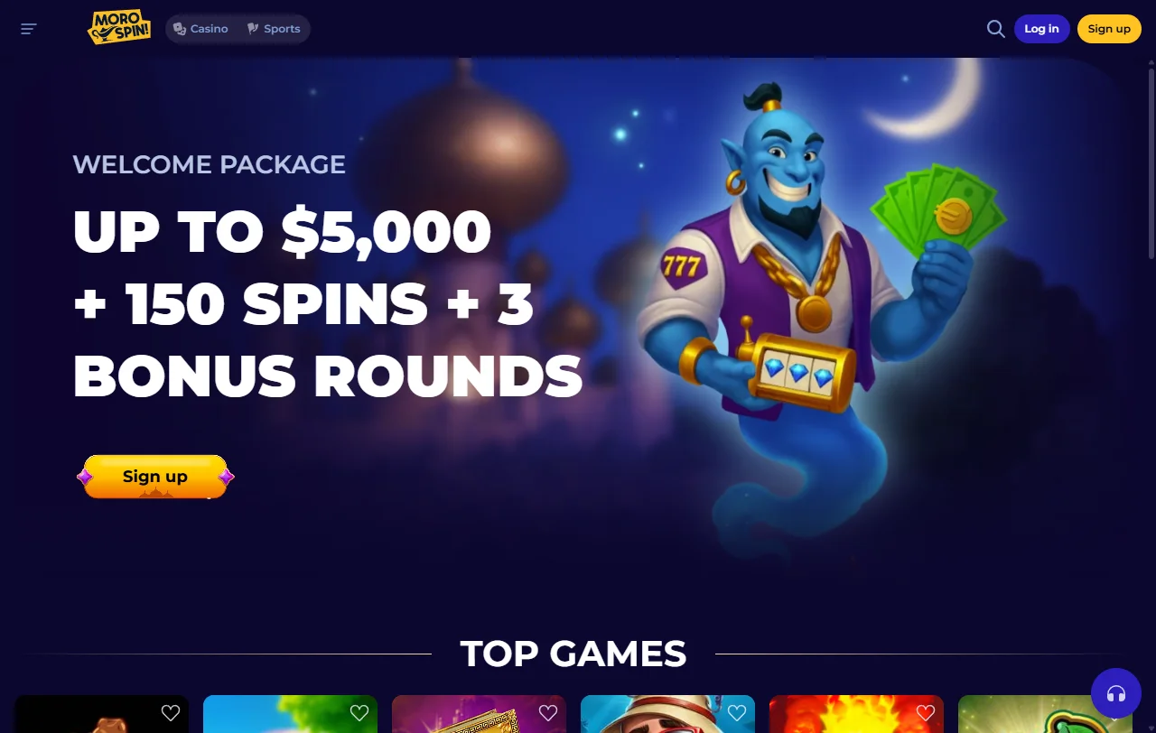 Αρχική σελίδα του Morospin Casino με κατηγορίες slots, live και sportsbook