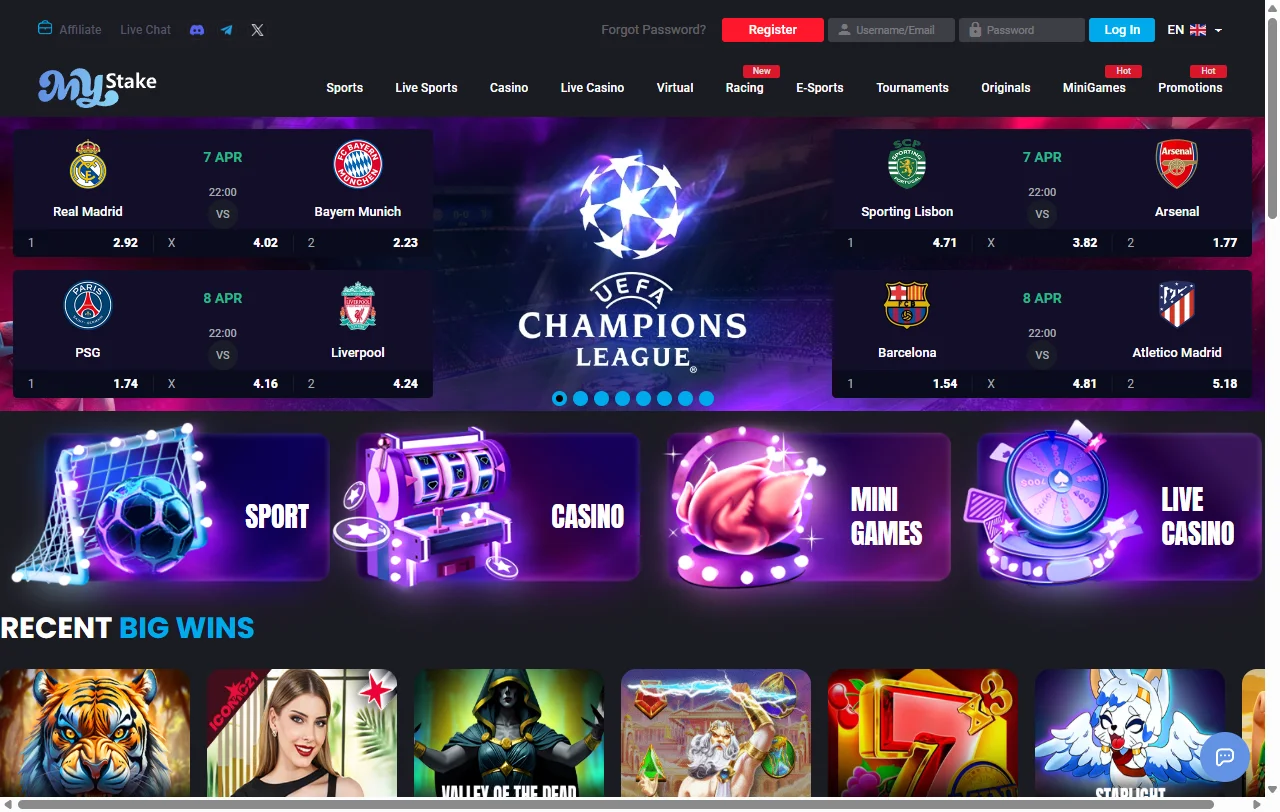 Αρχική σελίδα του MyStake casino σε υπολογιστή