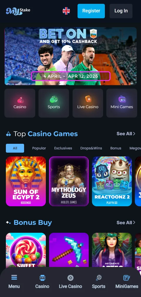 Αρχική σελίδα του MyStake casino σε κινητό