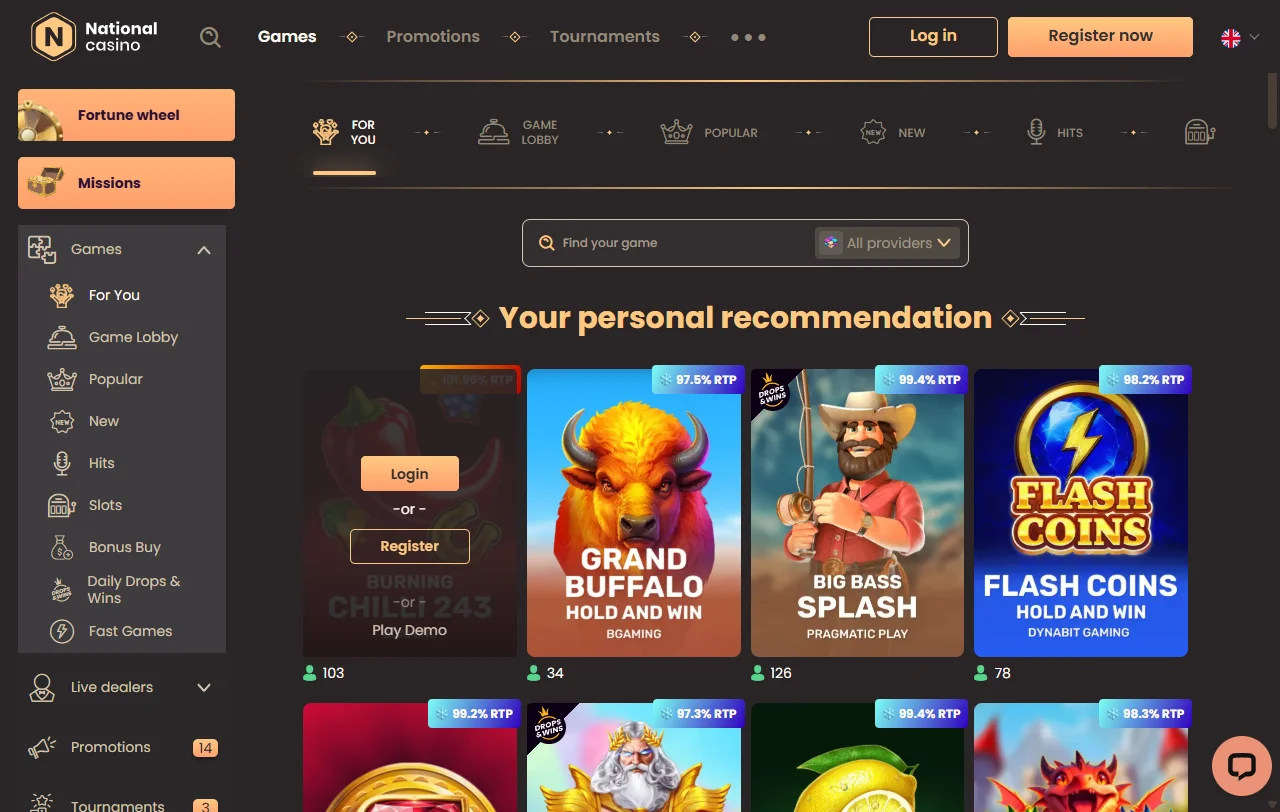 Κατάλογος slots του National Casino με τίτλους Pragmatic Play και Play