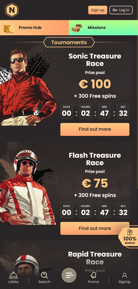 Το National Casino σε mobile browser με πλευρικό μενού και αναζήτηση