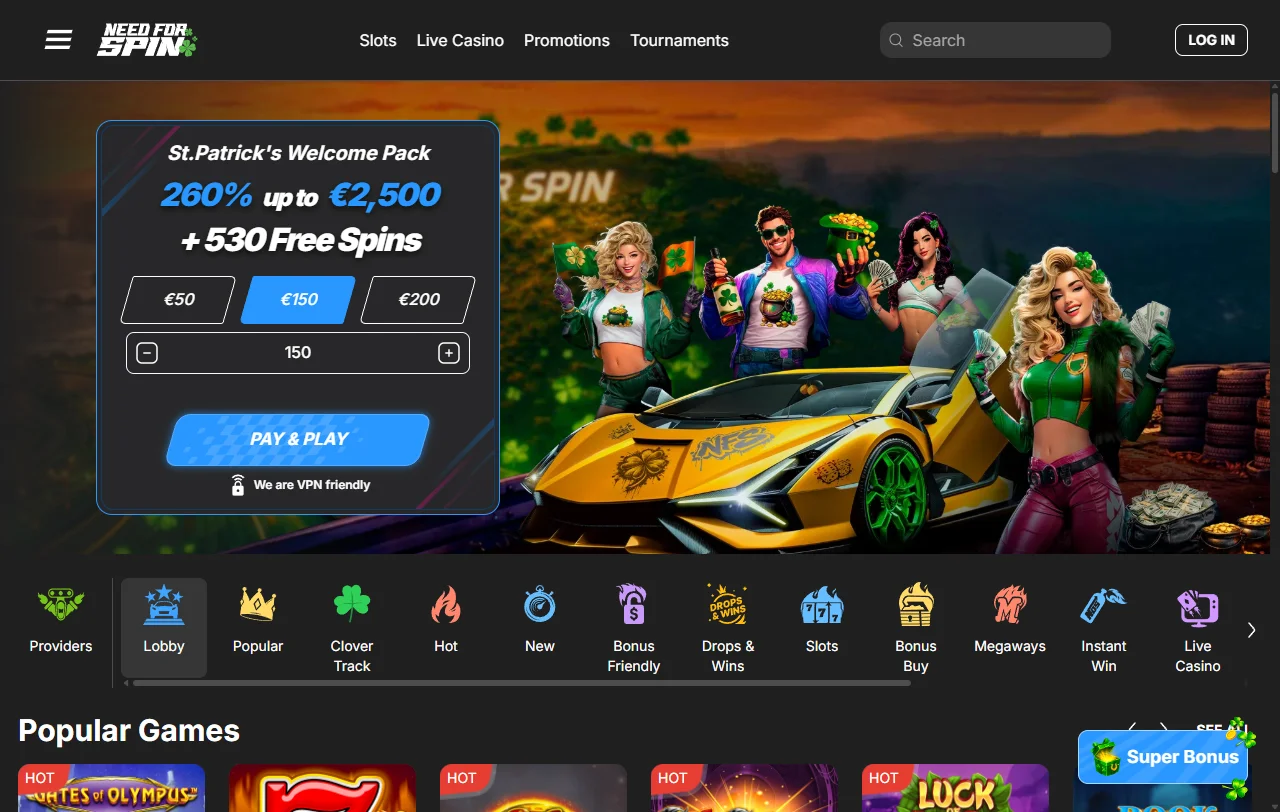 Αρχική σελίδα του Need for Spin Casino με κατάλογο και ενότητες προσφορών