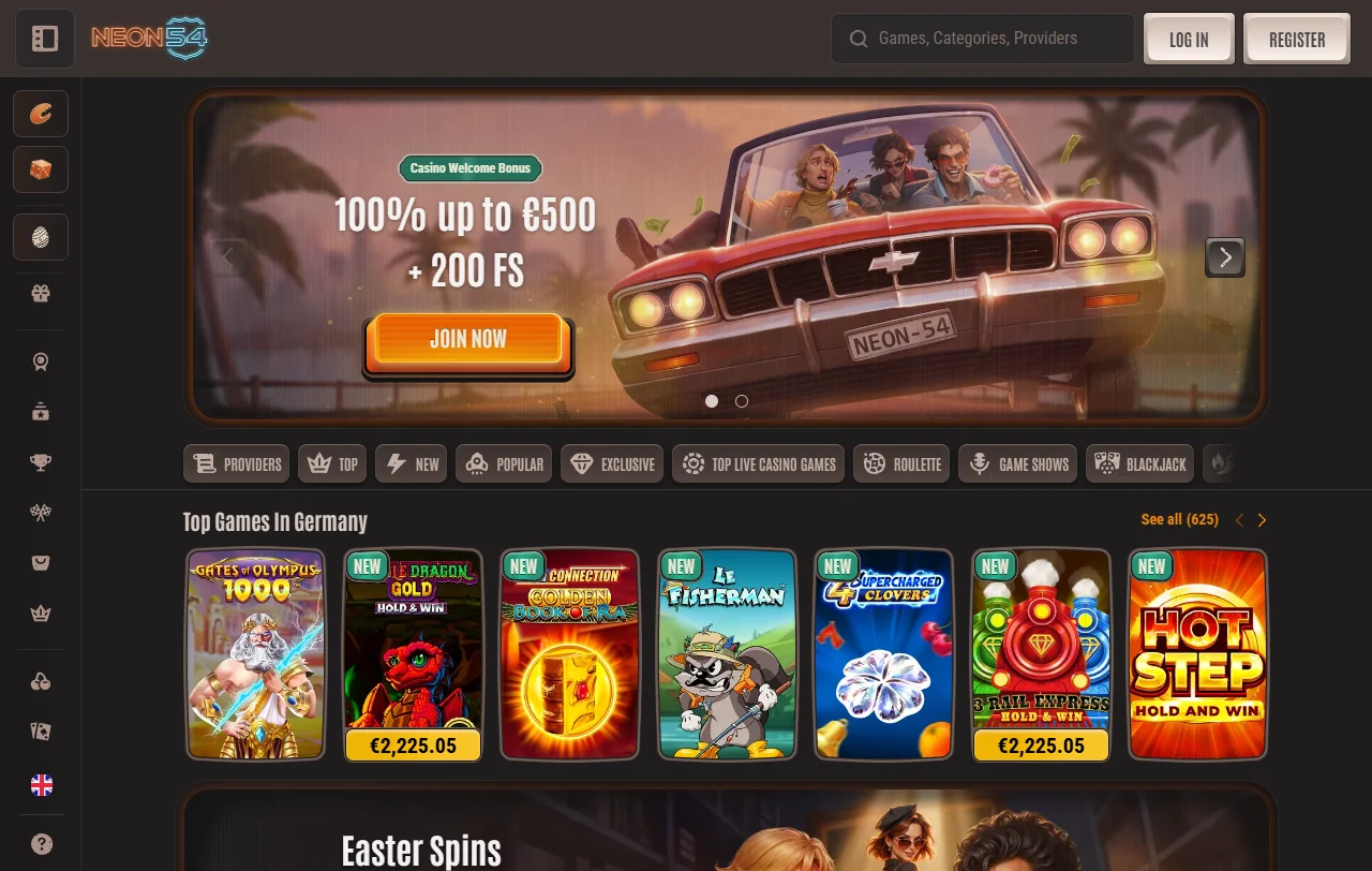 Αρχική σελίδα του Neon54 Casino με τις ενότητες καζίνο και αθλητικού στοιχήματος