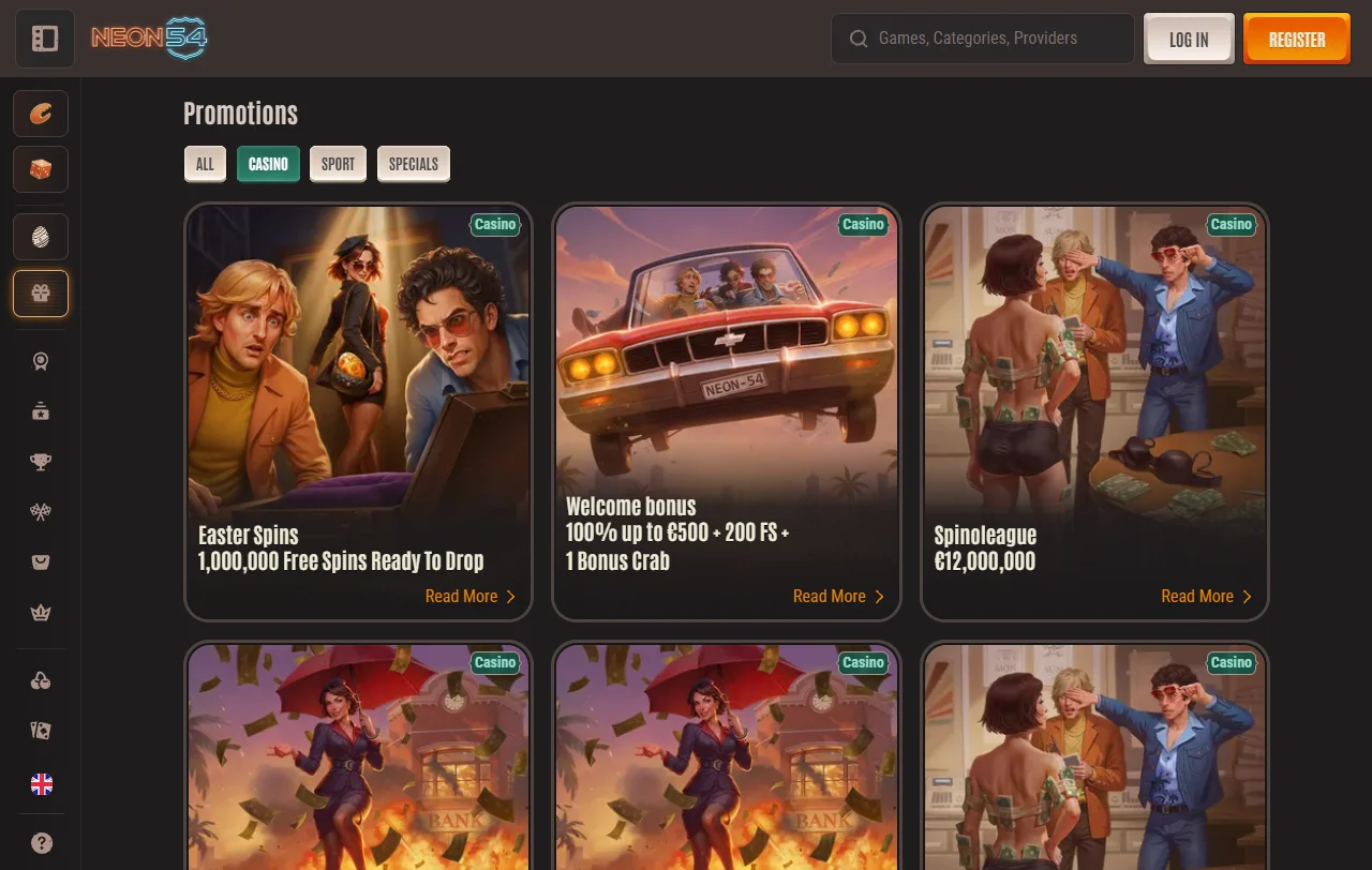 Λόμπι παιχνιδιών του Neon54 Casino με slots, jackpots και φίλτρα παρόχων