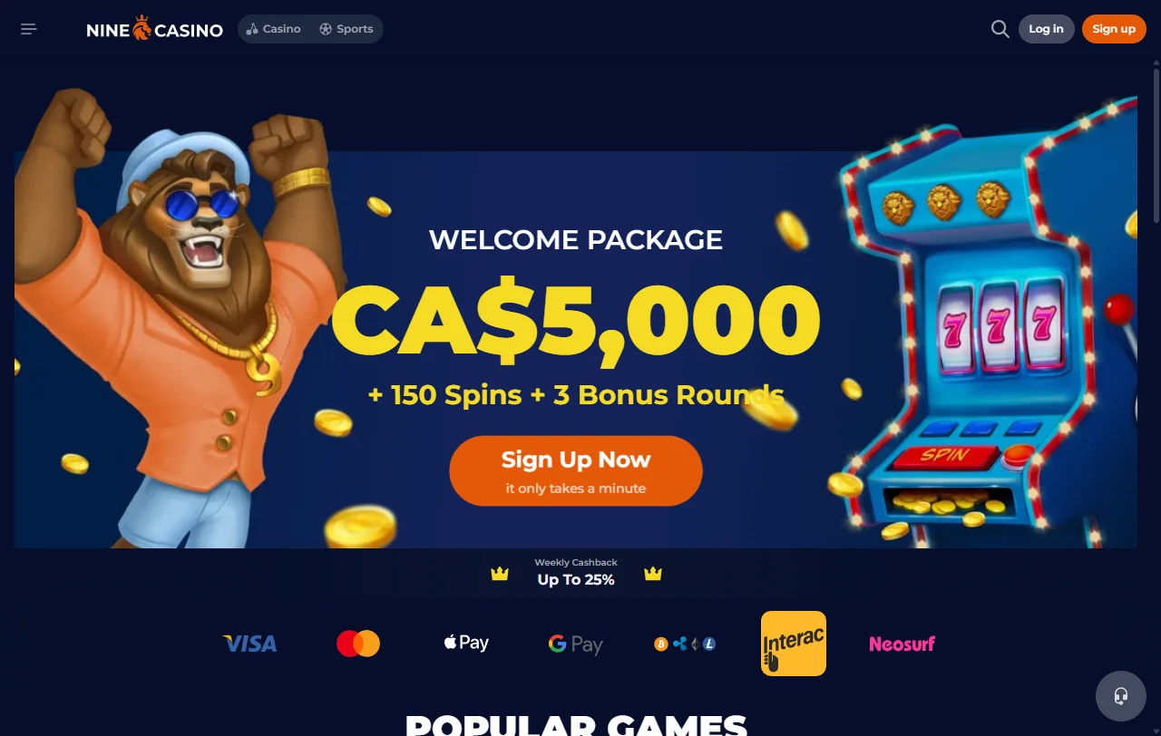 Αρχική σελίδα του Nine Casino με την ελληνική έκδοση και τις κατηγορίες
