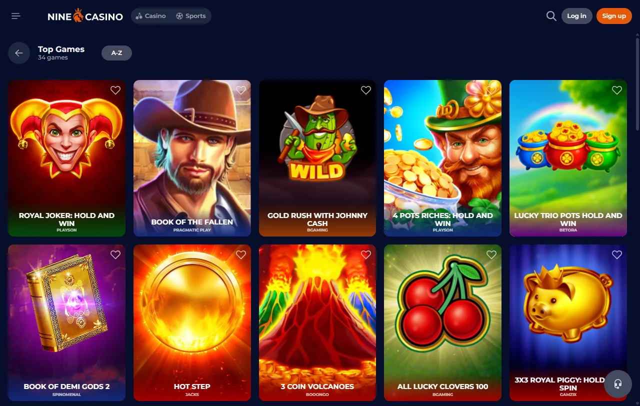 Κατάλογος παιχνιδιών του Nine Casino με slots από Pragmatic Play και Hacksaw