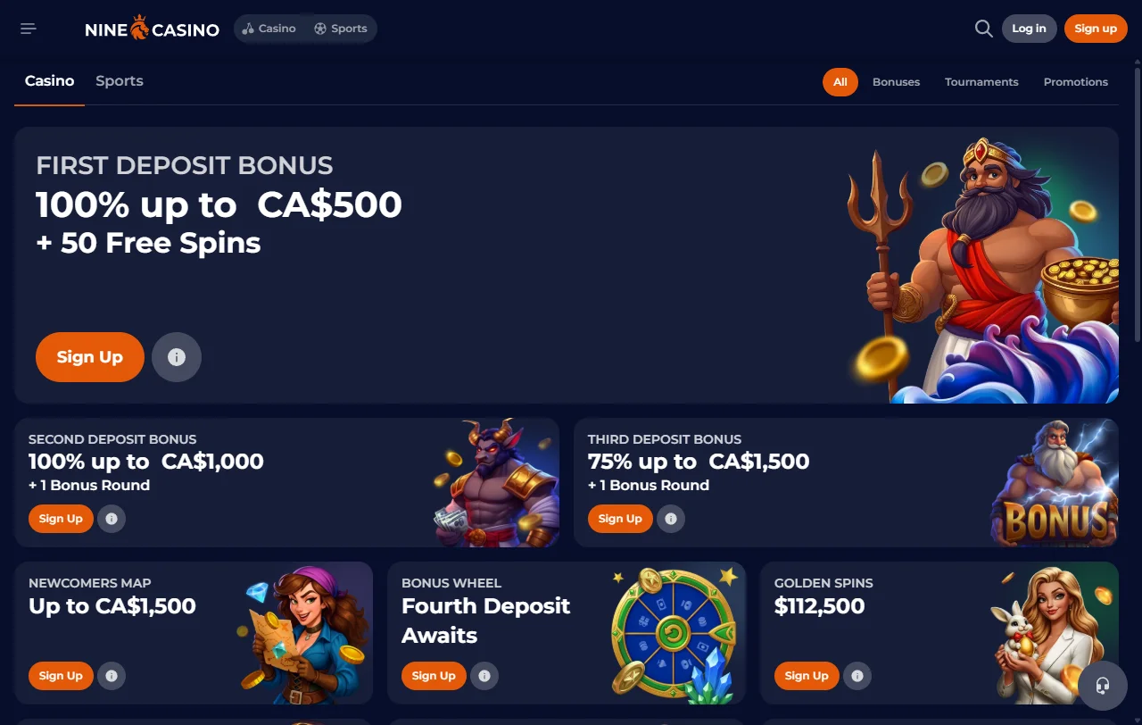 Πακέτο καλωσορίσματος του Nine Casino έως 450 € και 250 free spins