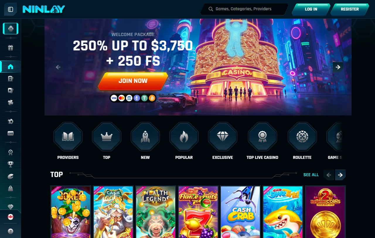 Αρχική σελίδα του Ninlay Casino με την cyberpunk αισθητική της πλατφόρμας