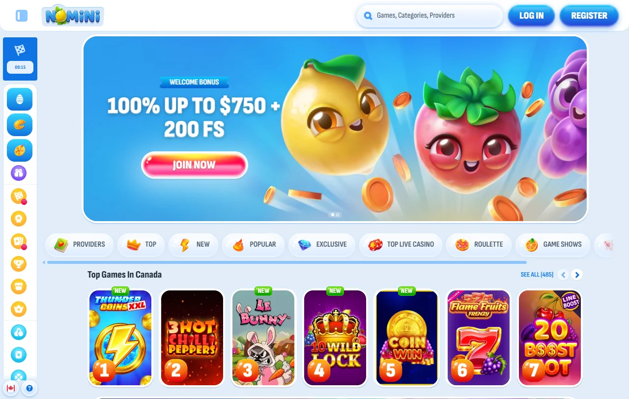 Επισκόπηση του Nomini Casino με λόμπι, live τμήμα και αθλητικό στοίχημα