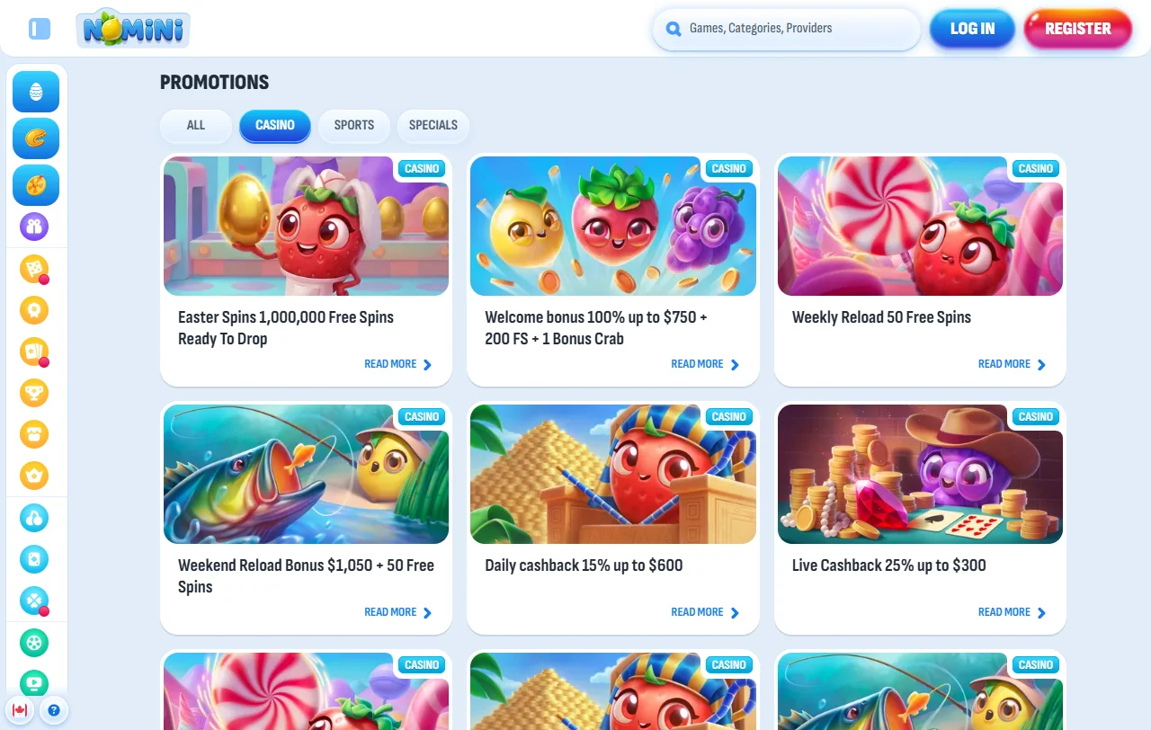 Βιβλιοθήκη παιχνιδιών του Nomini Casino με τίτλους NetEnt, Pragmatic Play και Nolimit City