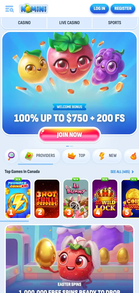 Το Nomini Casino στον mobile browser με πρόσβαση σε λόμπι και προφίλ