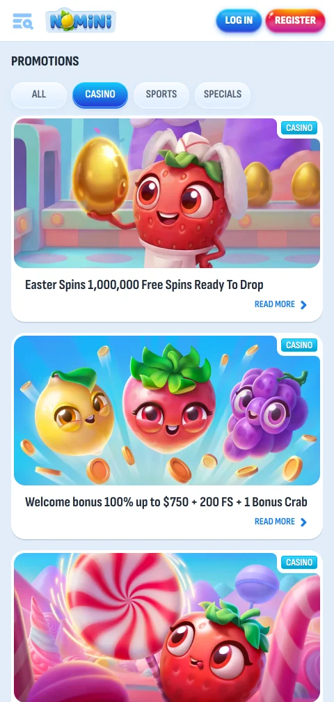 Ταμείο του Nomini Casino στο κινητό με κάρτες, e-wallets και crypto