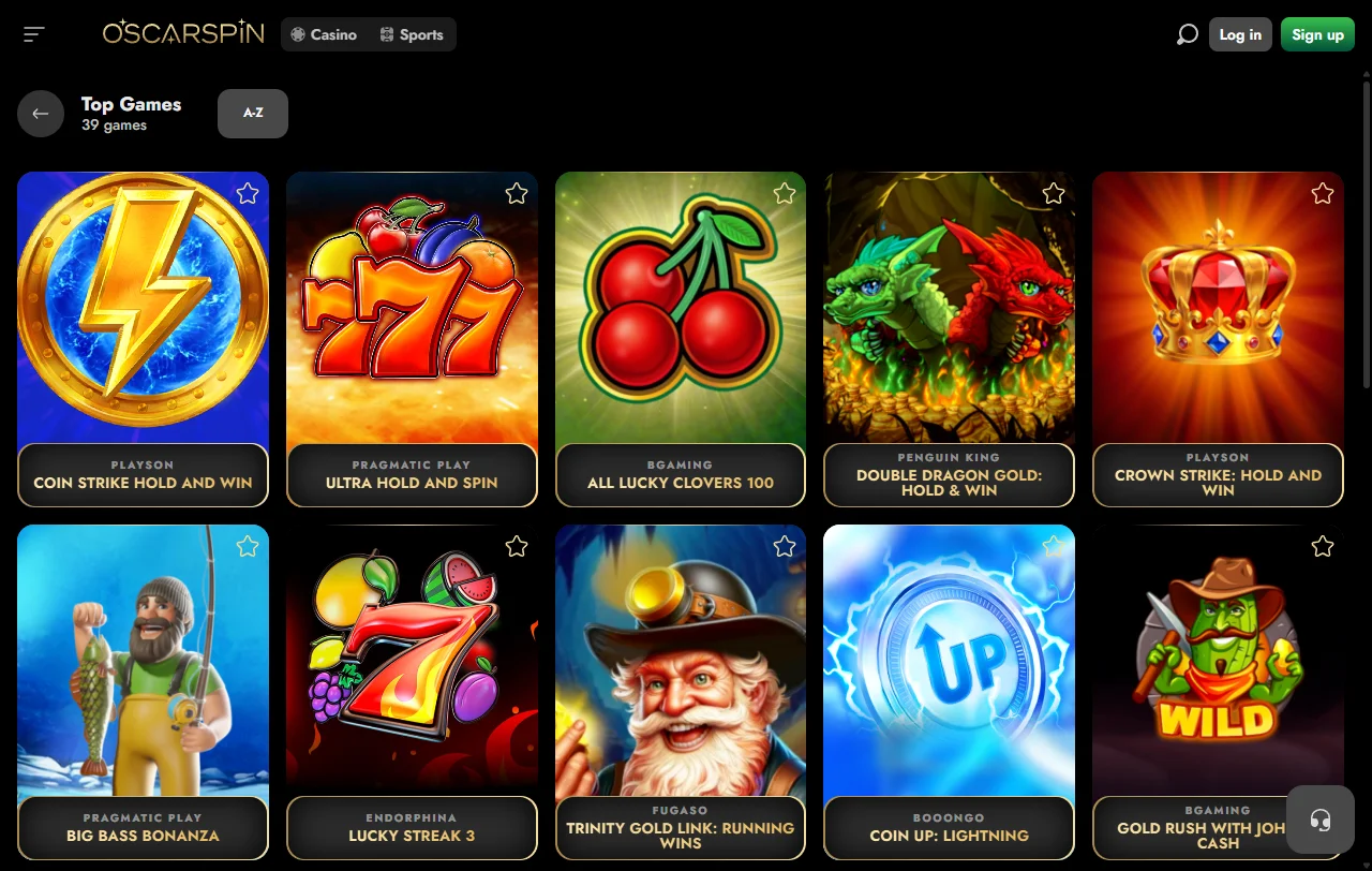 Βιβλιοθήκη παιχνιδιών του Oscarspin Casino με slots και live τραπέζια από 50+ παρόχους