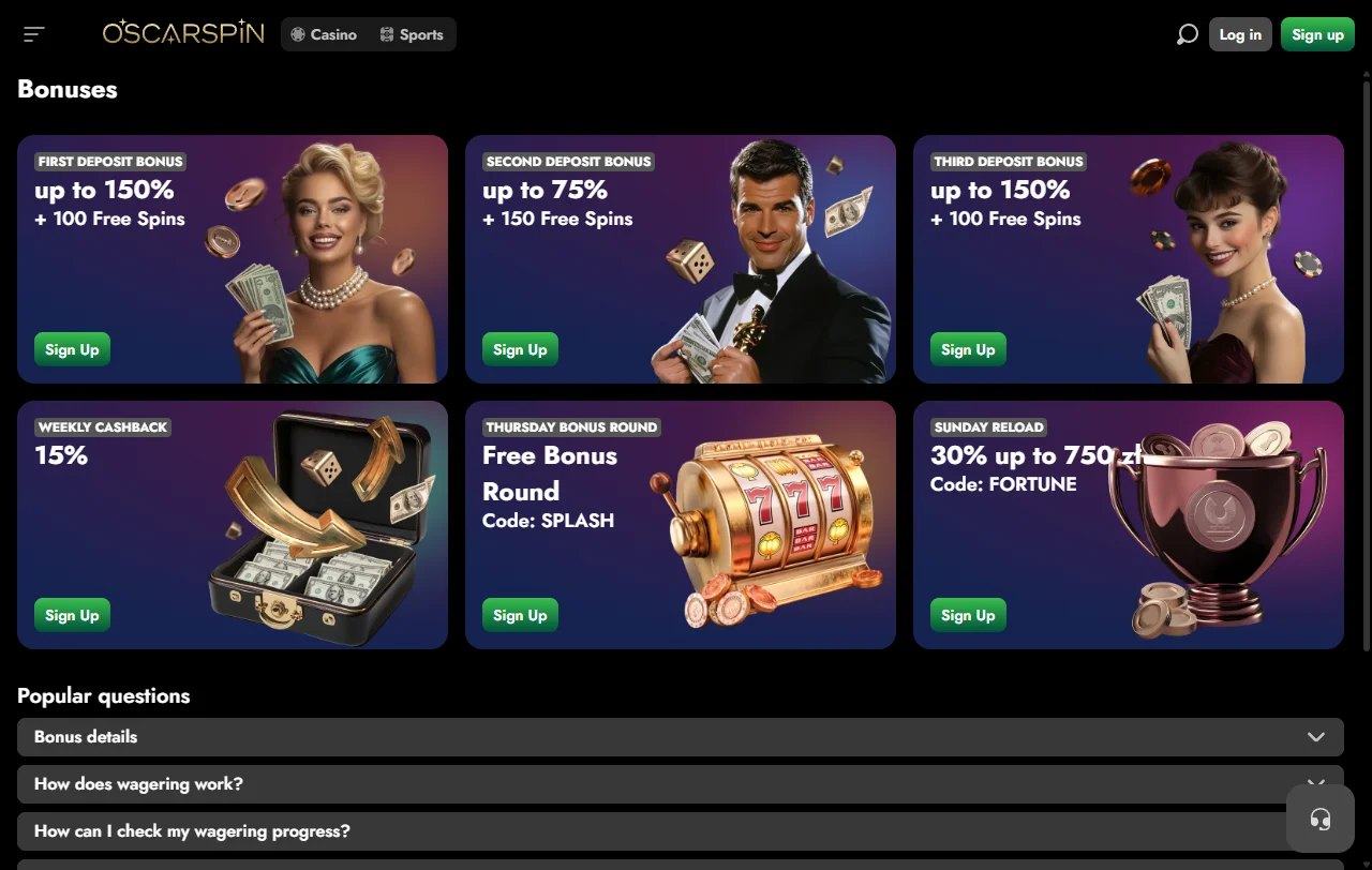 Πακέτο καλωσορίσματος και cashback του Oscarspin Casino με τους όρους wagering