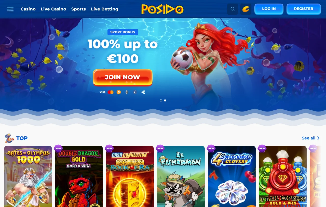 Αρχική σελίδα του Posido Casino με ενότητες slots και αθλητικού στοιχήματος