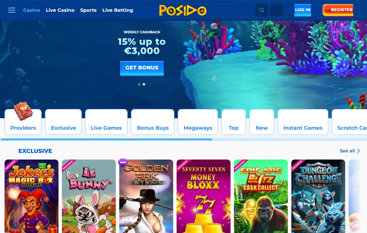 Κατάλογος παιχνιδιών του Posido Casino με φίλτρα ανά πάροχο και κατηγορία