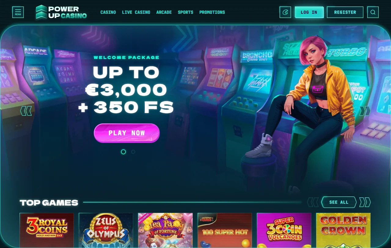 Αρχική σελίδα του Powerup Casino με θέμα ρετρό arcade και συνολικό τζάκποτ