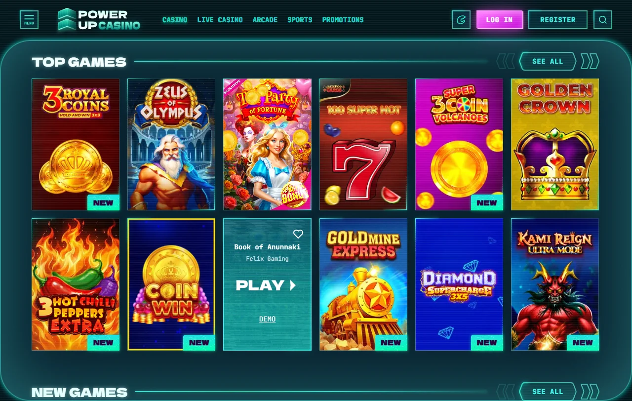 Λόμπι παιχνιδιών Powerup Casino με slots από Novomatic, Hacksaw Gaming και Playson