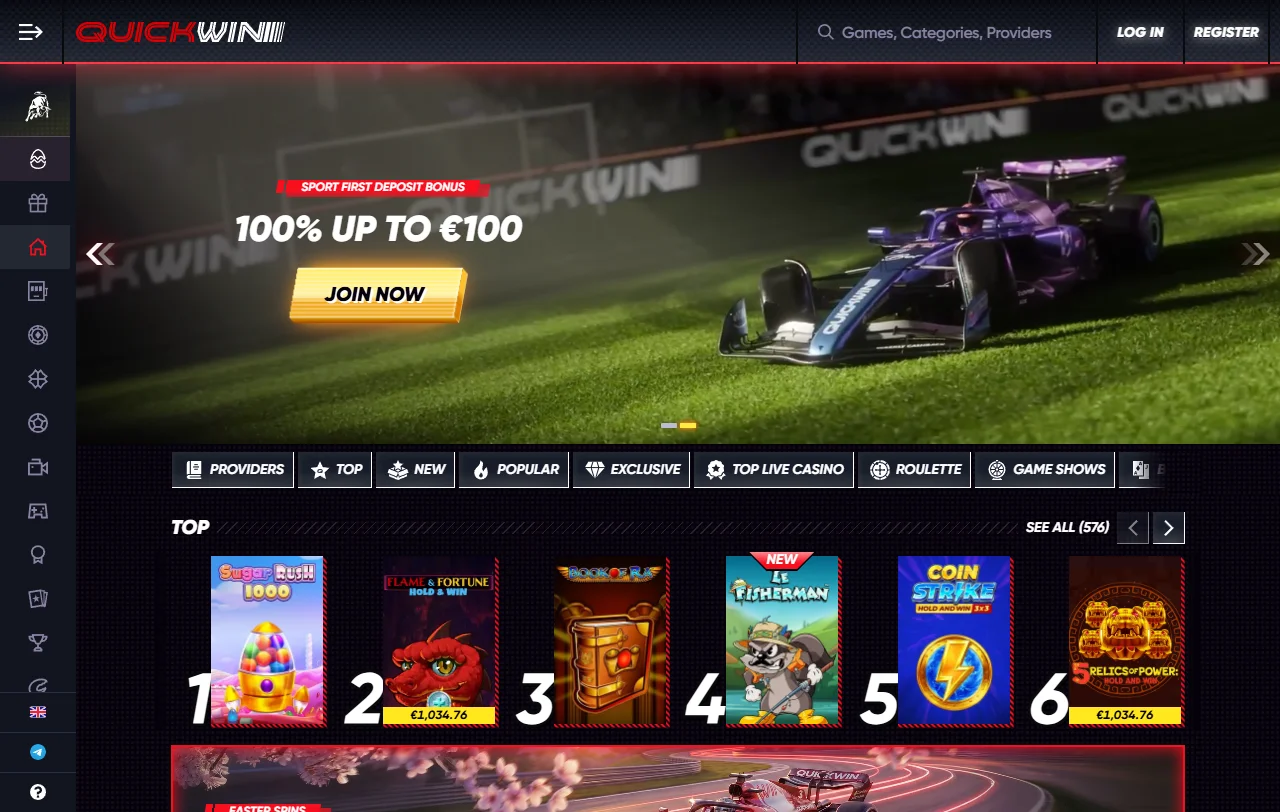 Αρχική σελίδα του QuickWin Casino με casino, live τραπέζια και sportsbook