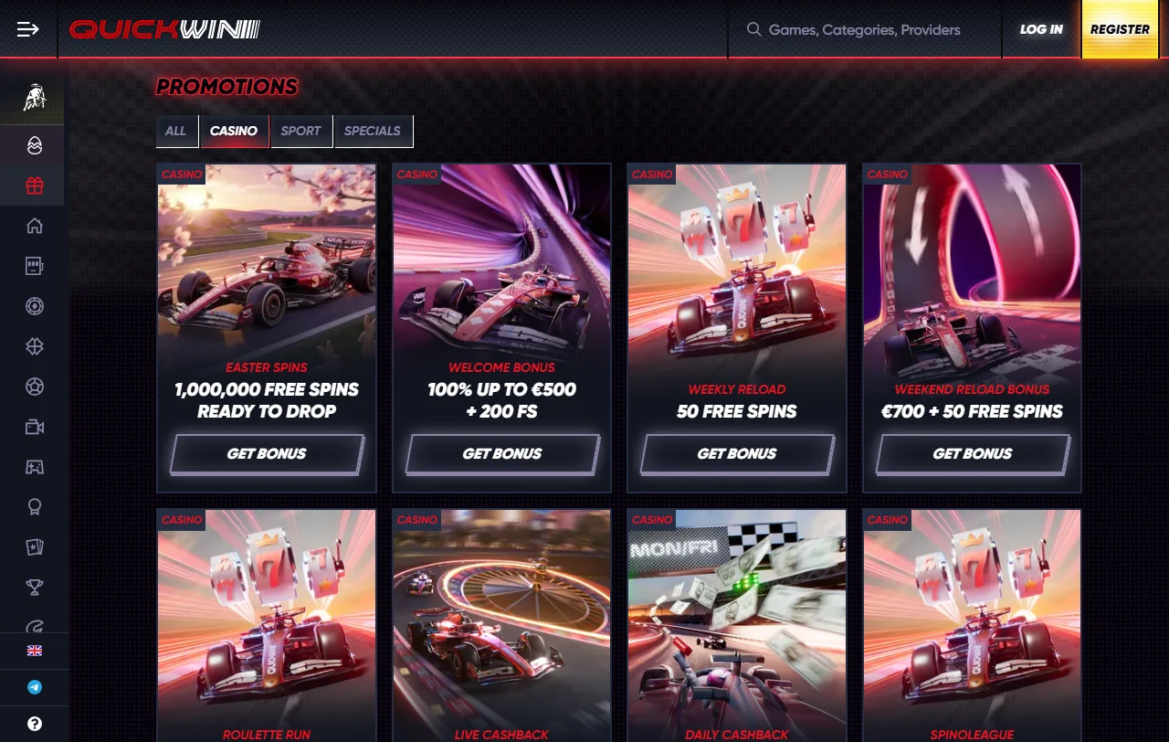 Μπόνους καλωσορίσματος QuickWin Casino 100% έως 500€ με 200 free spins