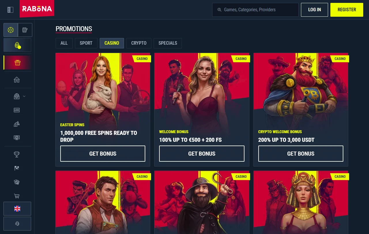 Βιβλιοθήκη παιχνιδιών της Rabona Casino με slots, jackpots και live τραπέζια