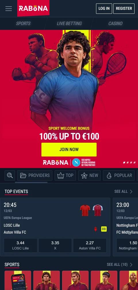 Η Rabona Casino στην έκδοση browser για κινητά iOS και Android
