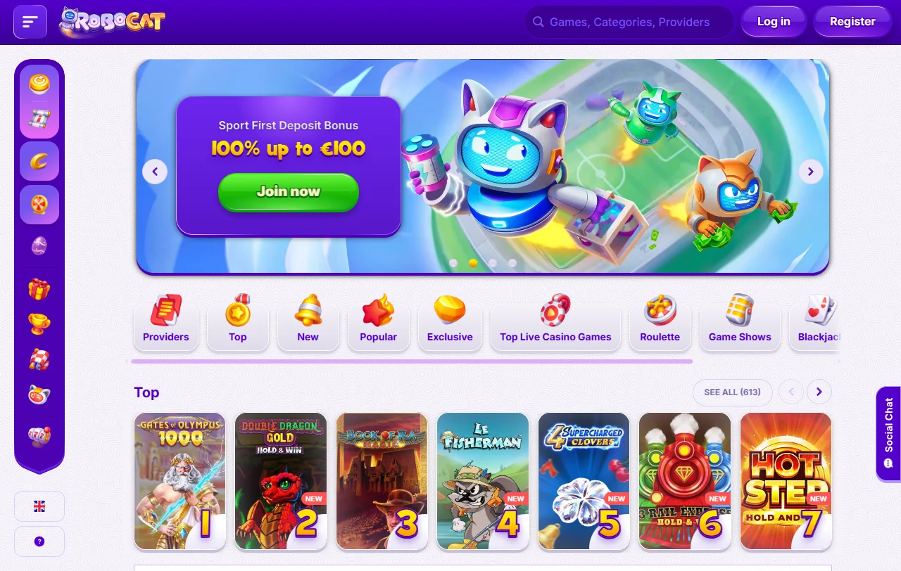 Αρχική σελίδα του RoboCat Casino με τις ενότητες καζίνο και αθλητικού στοιχήματος