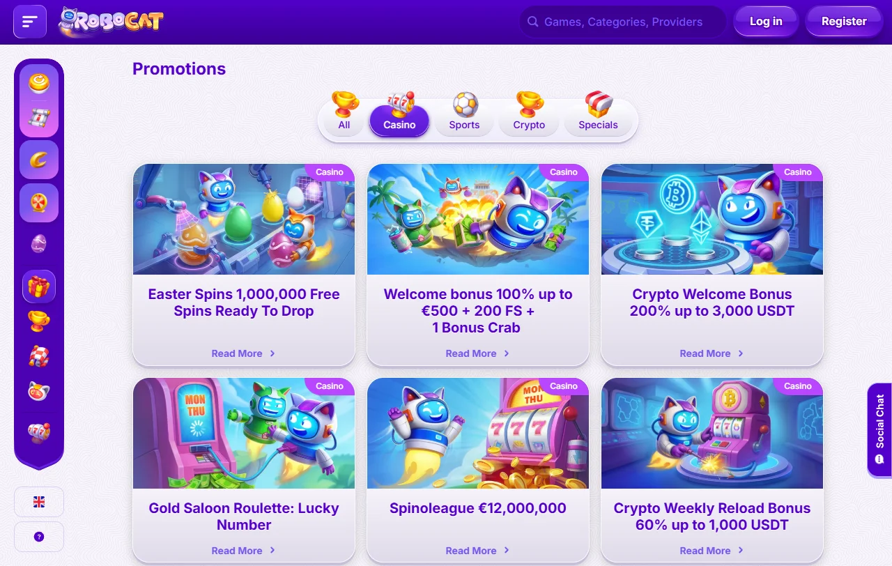 Κατάλογος slots και live τραπεζιών του RoboCat Casino ανά πάροχο