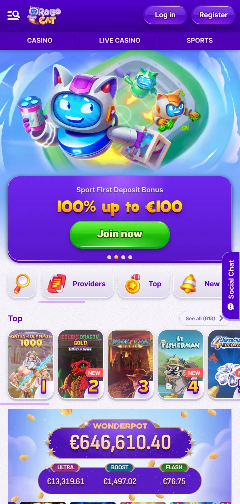 Mobile ιστότοπος του RoboCat Casino σε browser Android και iOS