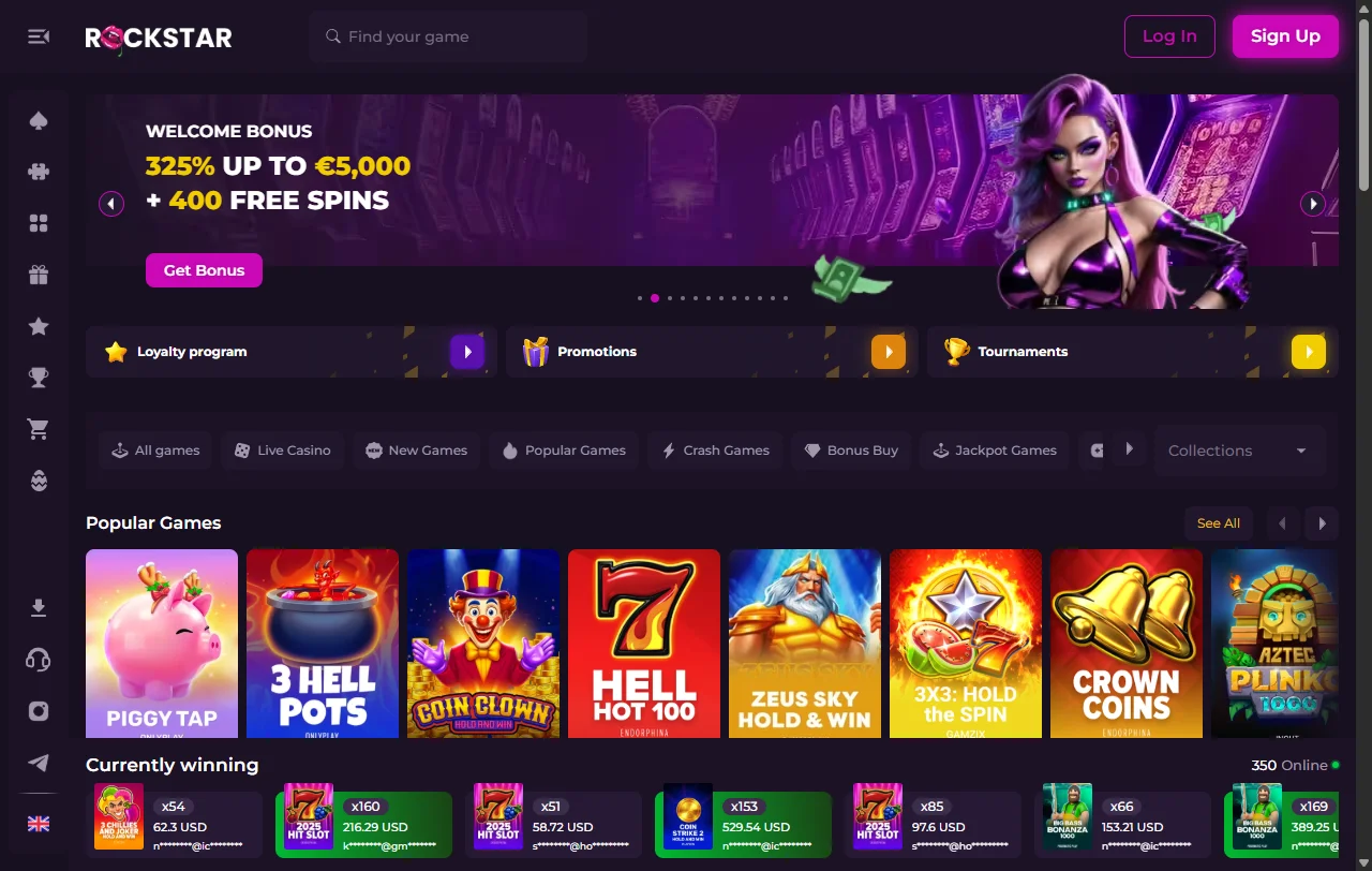 Αρχική σελίδα της Rockstar Casino με την κεντρική προσφορά και τις κατηγορίες παιχνιδιών