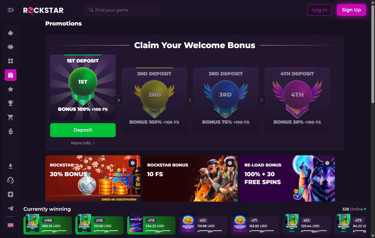 Βιβλιοθήκη slots της Rockstar Casino με τίτλους από Pragmatic Play και NetEnt
