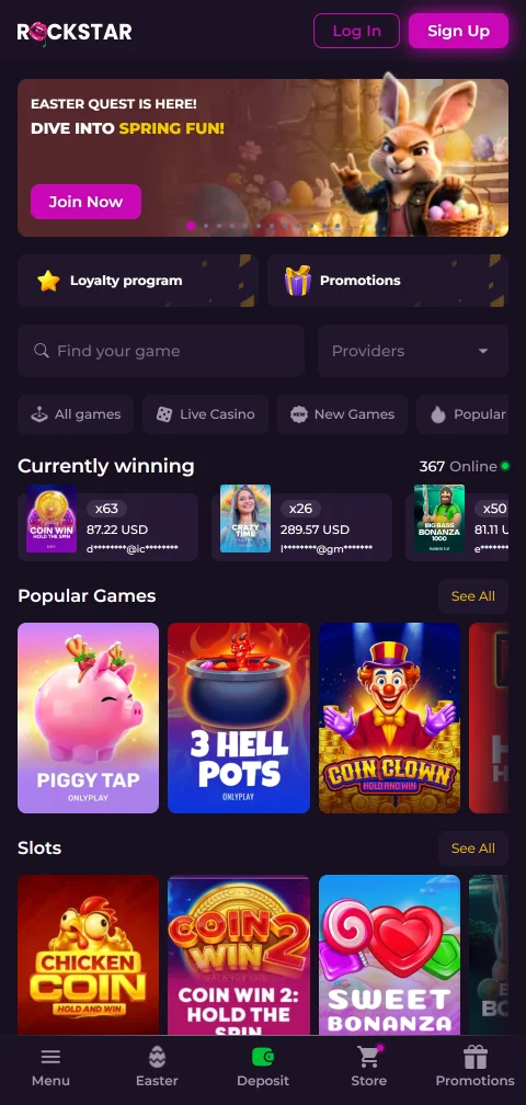 Η Rockstar Casino σε κινητό browser με τον κατάλογο παιχνιδιών