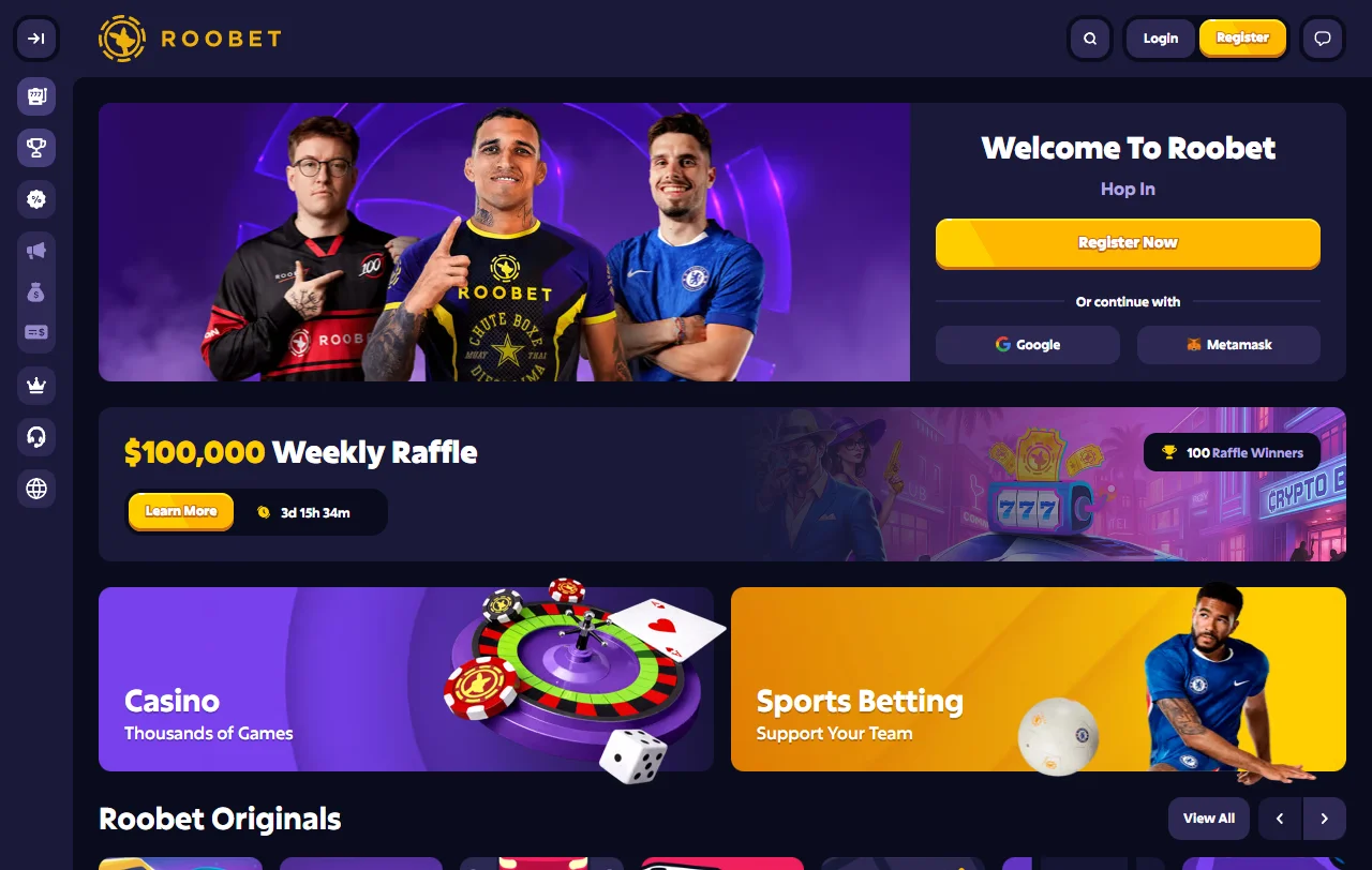 Roobet casino αρχική σελίδα με ενότητες καζίνο, sportsbook και Originals
