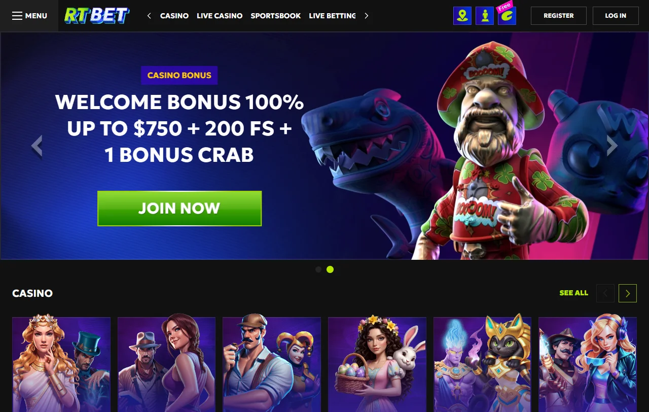 Αρχική σελίδα του RT Bet με καζίνο, live casino και αθλητικό στοίχημα