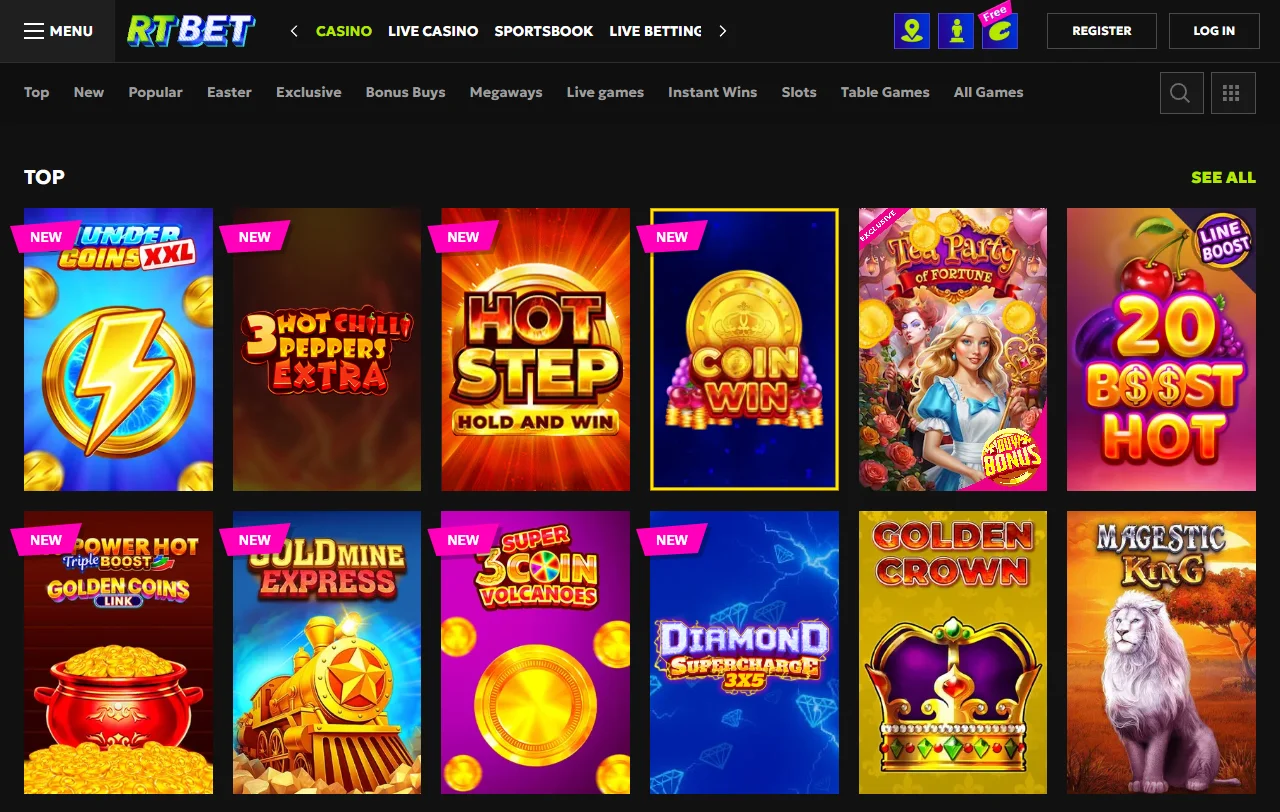 Λόμπι slots του RT Bet με φίλτρα παρόχων όπως Pragmatic Play