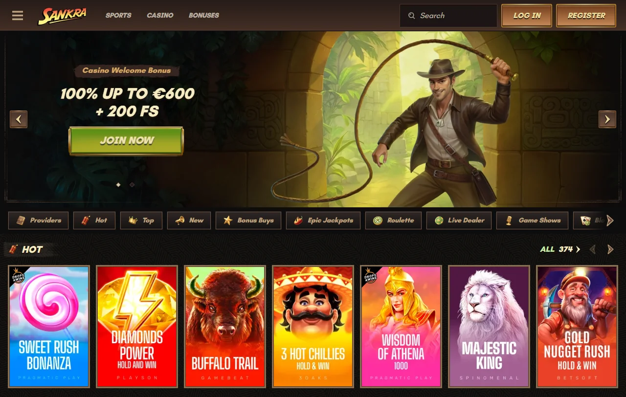 Αρχική σελίδα του Sankra Casino με το θέμα εξερεύνησης ναών