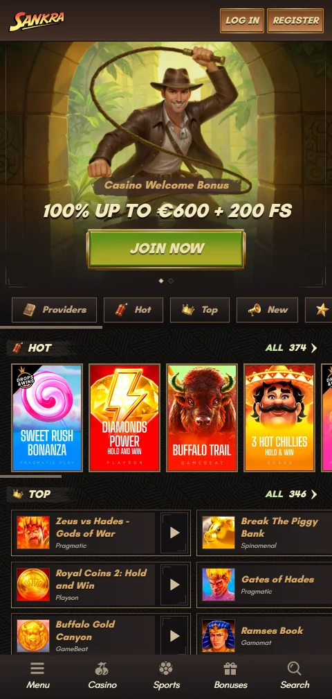 Έκδοση PWA του Sankra Casino σε smartphone με iOS ή Android
