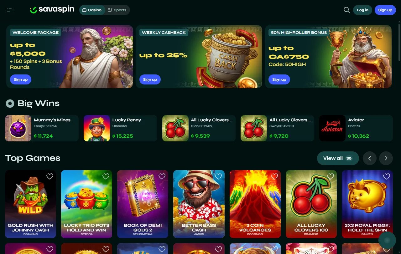 Αρχική σελίδα του Savaspin Casino με κατάλογο παιχνιδιών και προσφορές υποδοχής