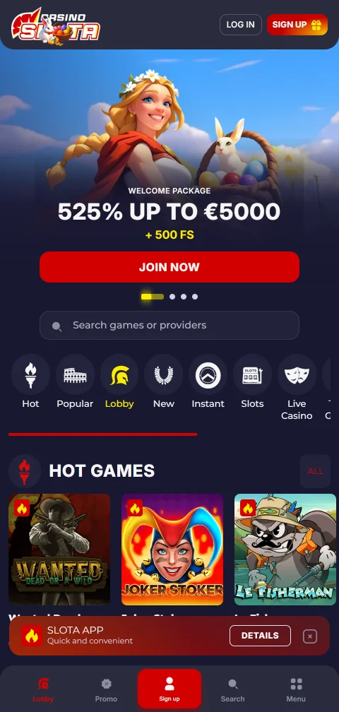 Το Slota Casino σε κινητό μέσω browser και εγκατάστασης ως PWA