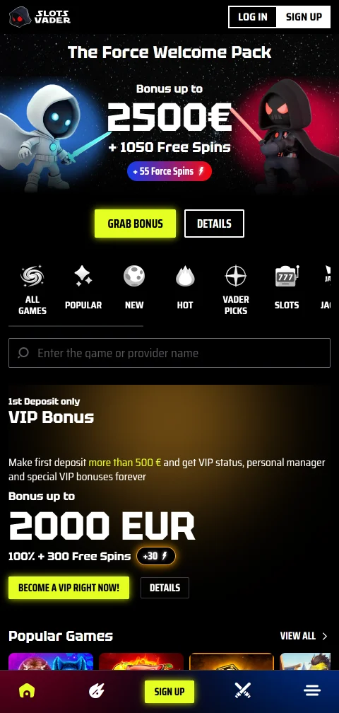 Το SlotsVader Casino σε κινητό μέσω εφαρμογής iOS και Android