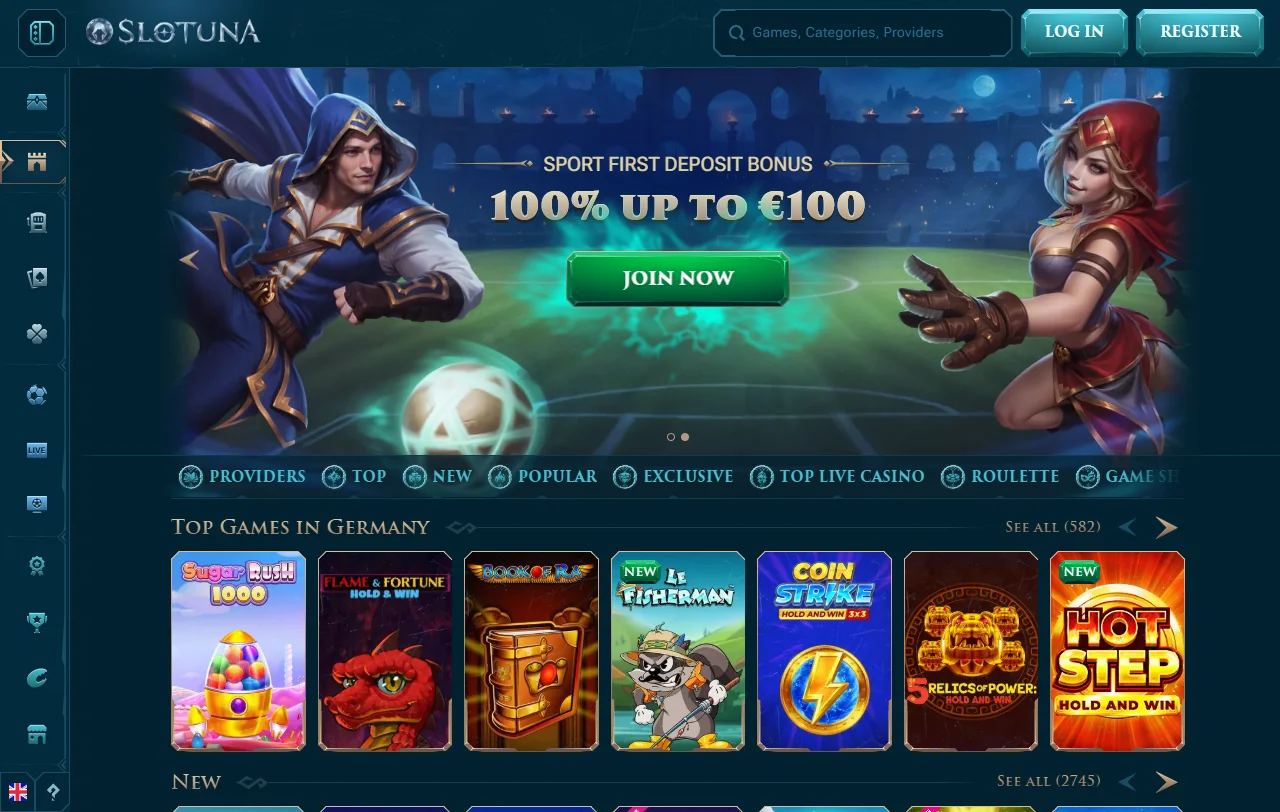 Αρχική σελίδα του Slotuna Casino με καζίνο και sportsbook σε έναν λογαριασμό